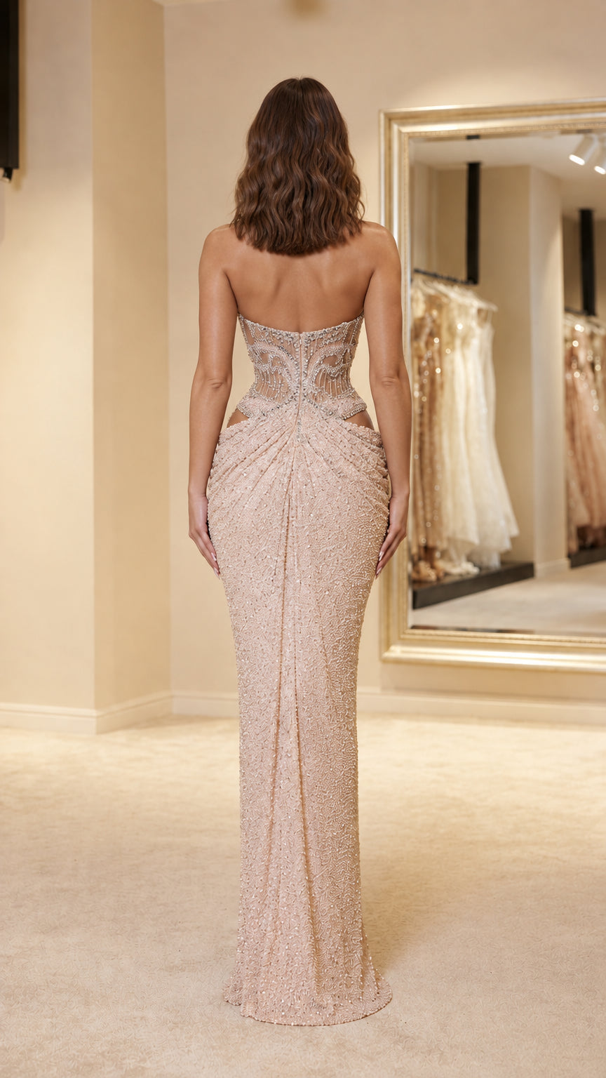 Strapless Embellished Corset Maxi Gown with Waist Cutouts