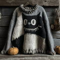 Halloween Black Cat Spooky Face Contrast Stitched Cozy Knit Sweater