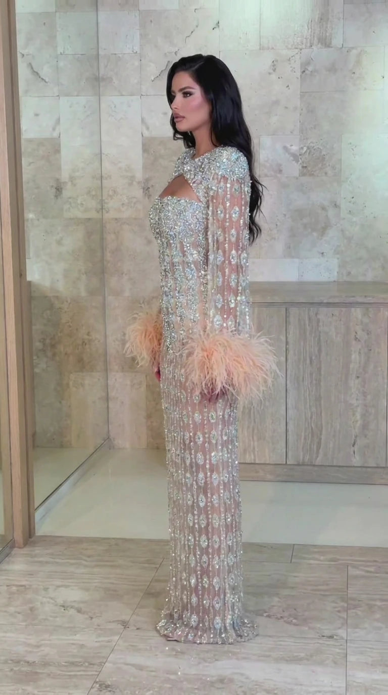 Embellished Cutout Column Gown with Feather Trimmed Cuffs