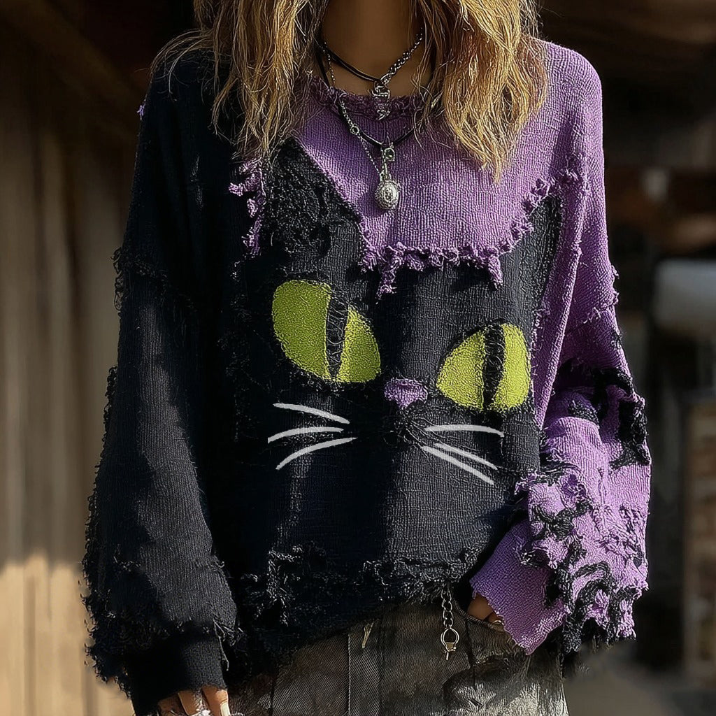 Halloween Black Cat Art Patch Contrast Color Crew Neck Sweatshirt