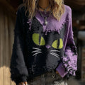 Halloween Black Cat Art Patch Contrast Color Crew Neck Sweatshirt