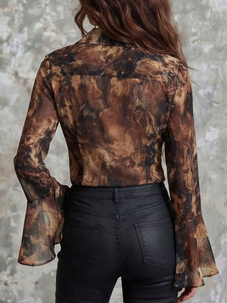 Boho Earth Tone Abstract Pattern Chiffon Blouse With Flared Sleeve