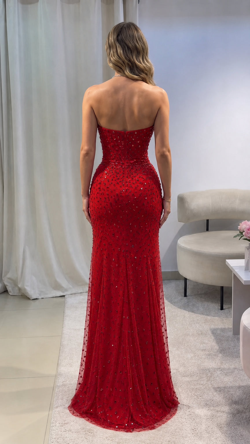 Strapless Rhinestone Bustier High Slit Evening Gown