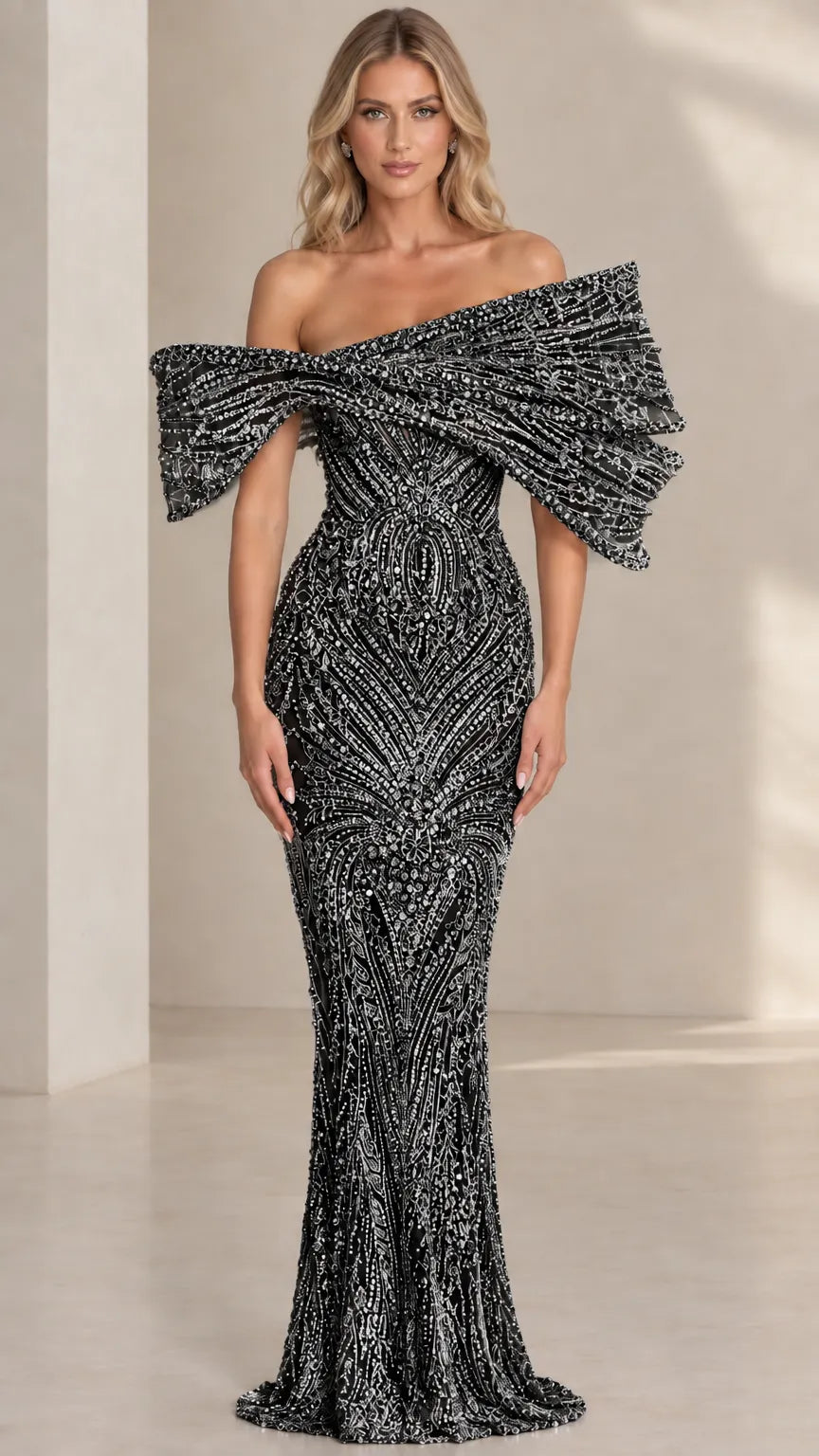 Off-The-Shoulder Beaded Mermaid Evening Gown with Sculpted Capelet Sleeves