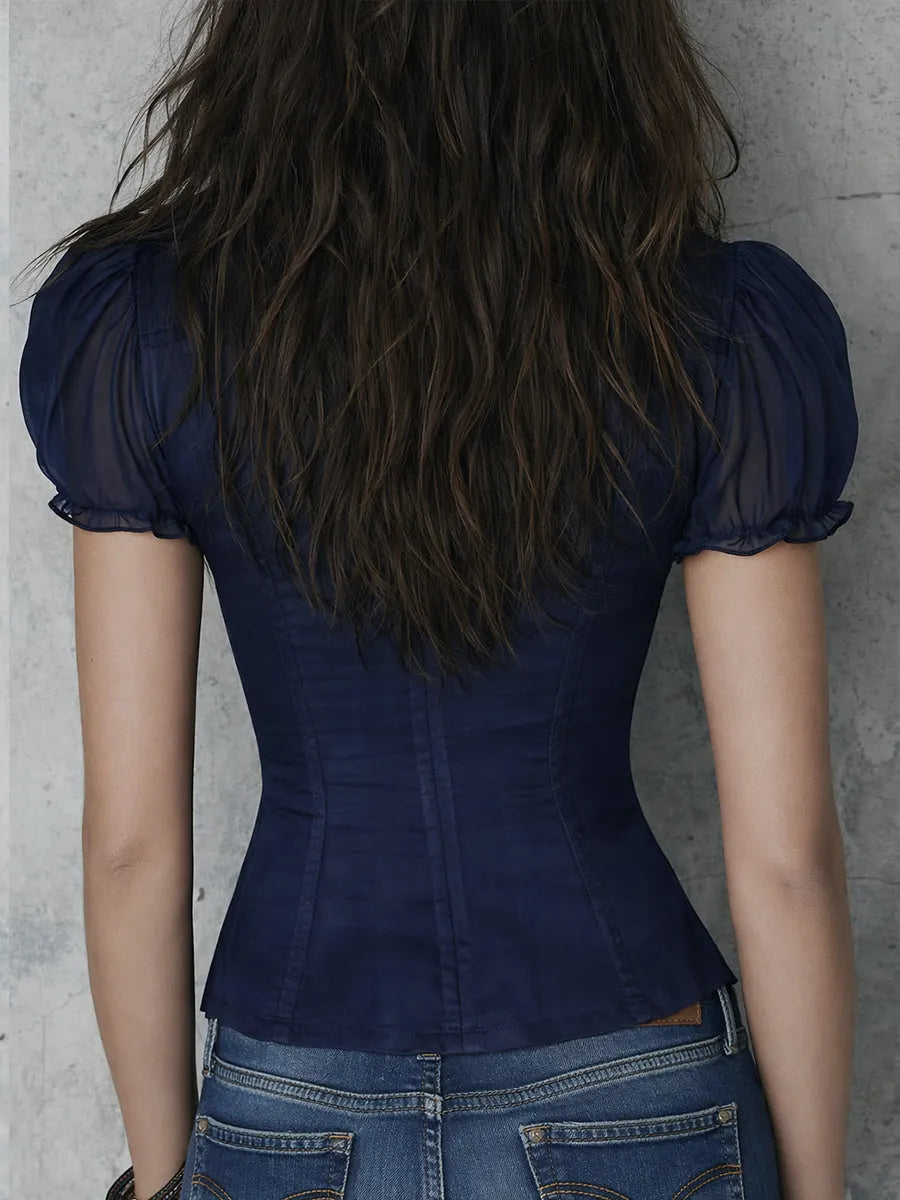Retro Ruffled Neckline Satin Slim-fit Chiffon Short-sleeved Blouse