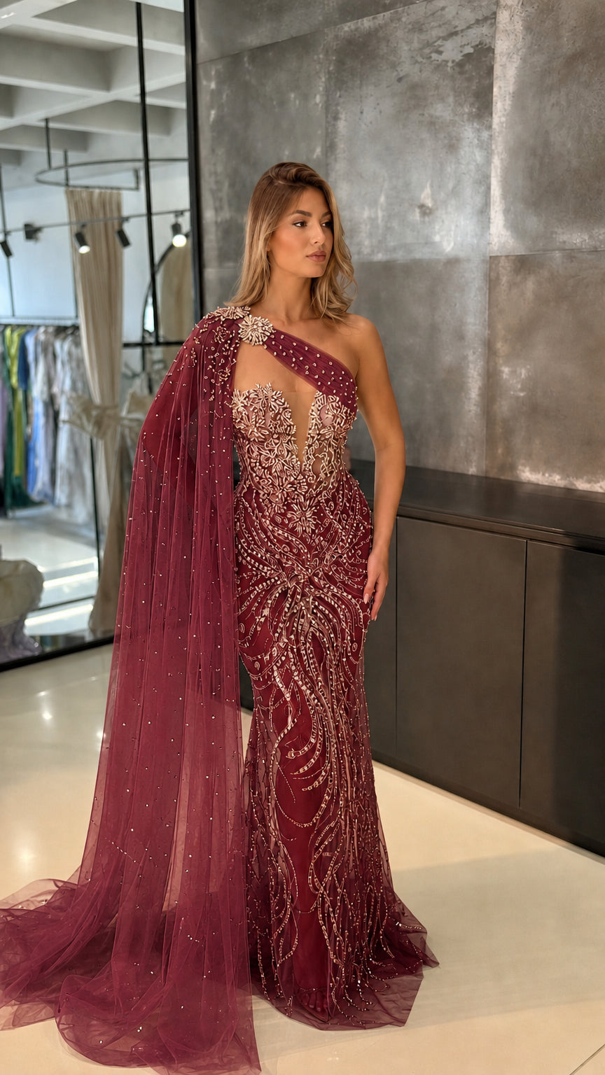 One-Shoulder Beaded Evening Gown with Dramatic Floor-Length Cape