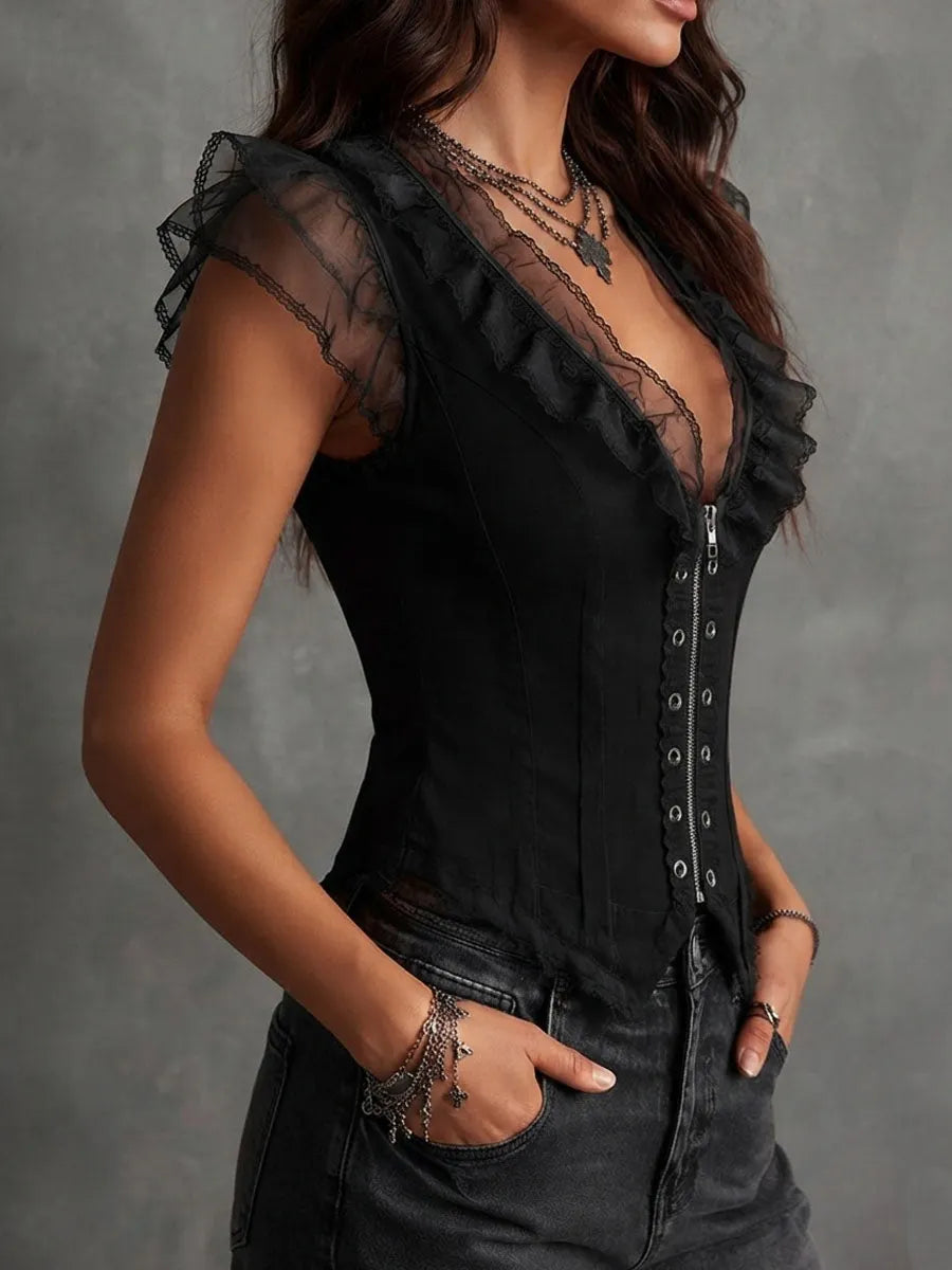 Romantic Gothic Black Ruffled Sheer Corset Vest