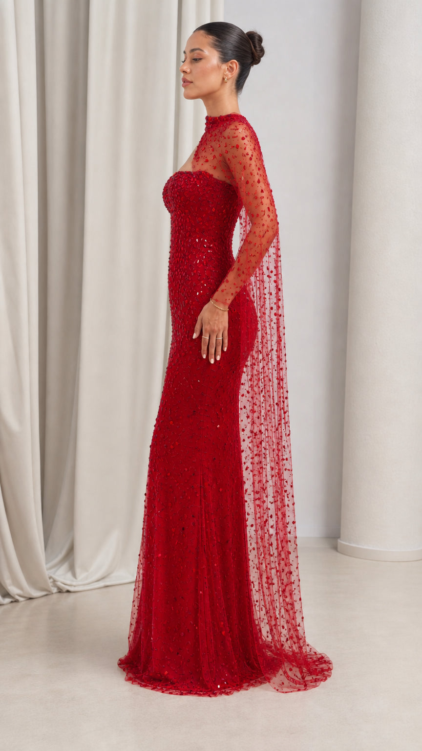 Asymmetrical Beaded Cape Sleeve Evening Gown with Sweetheart Bodice