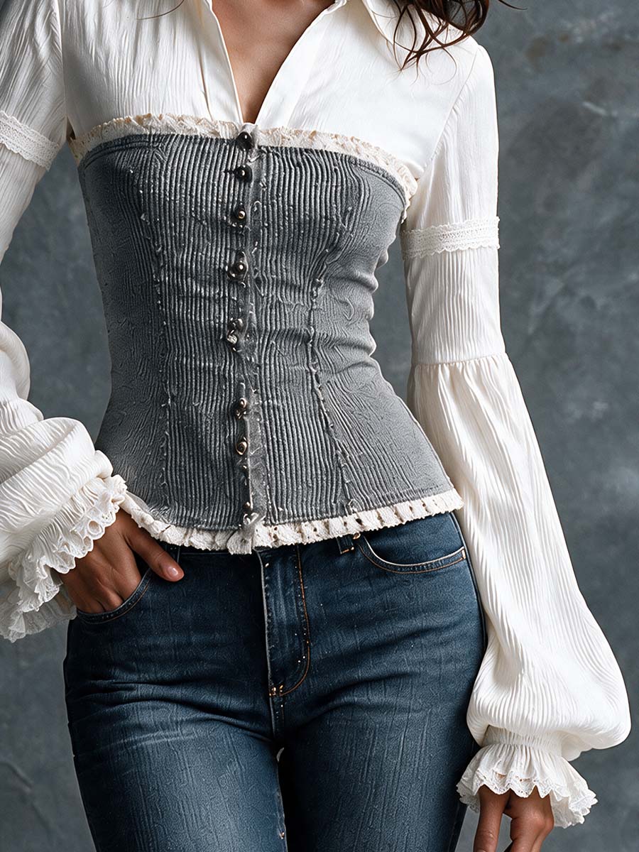 Faux Two-Piece Shirt And Ribbed Corset Top