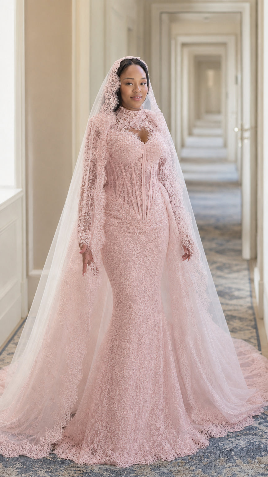 Illusion High Neck Corset Lace Mermaid Wedding Gown with Long Sleeves