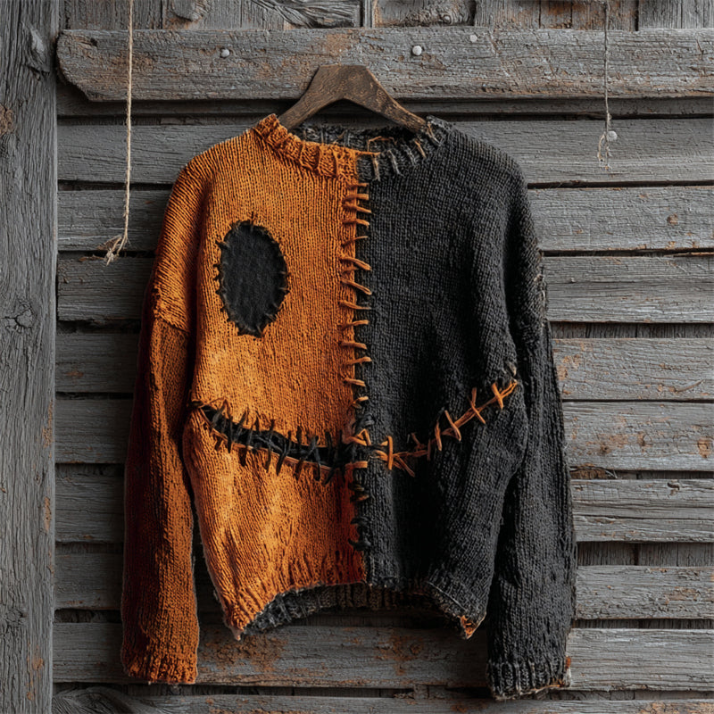 Halloween Spooky Face Contrast Stitched Cozy Knit Sweater