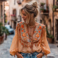 Women's Orange Rose Embroidery Casual V-neck Shirt