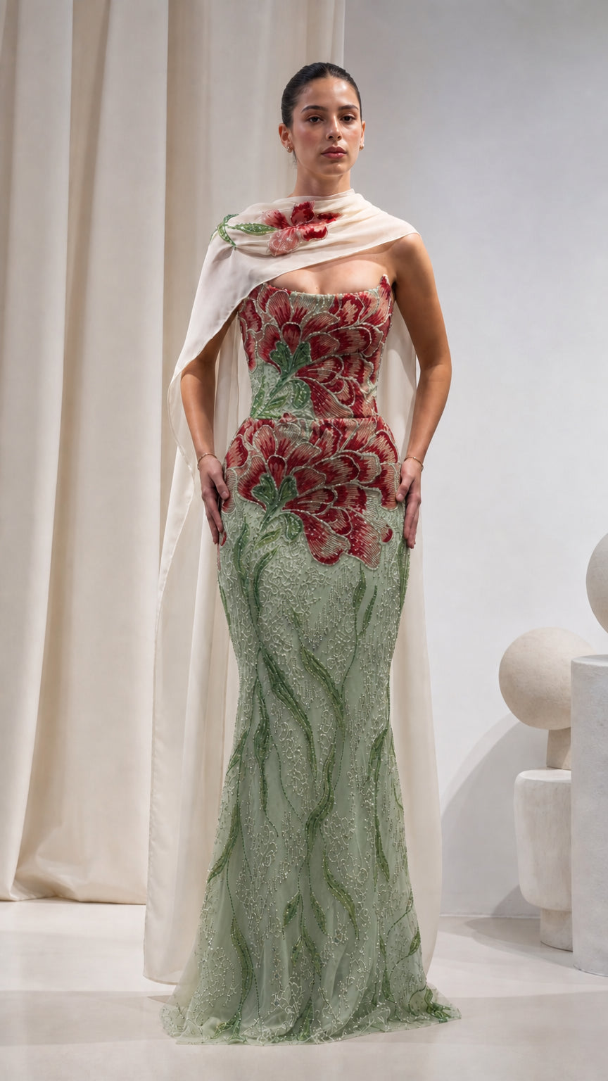 Floral Beaded Strapless Mermaid Evening Gown with Draped Cape
