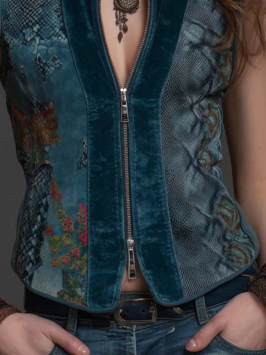 Deep Teal Velvet Zip-Front Vest Top