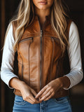 Retro Stand Collar Zipper-up Faux Leather Waistcoat