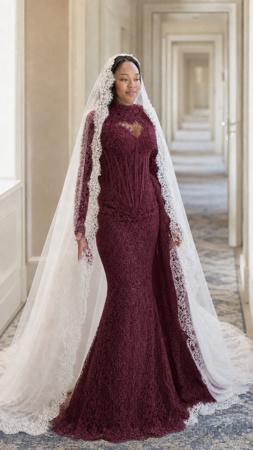 Illusion High Neck Corset Lace Mermaid Wedding Gown with Long Sleeves