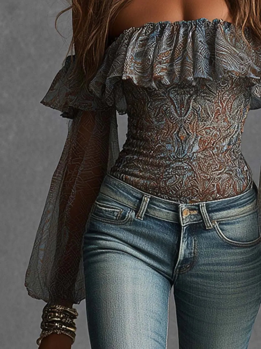 Boho Paisley Print Off-Shoulder Ruffle Sheer Puff-Sleeve Top