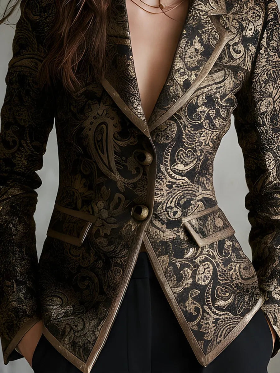 Quiet Luxury Paisley Jacquard Wrapped Lapels Fitted Blazer