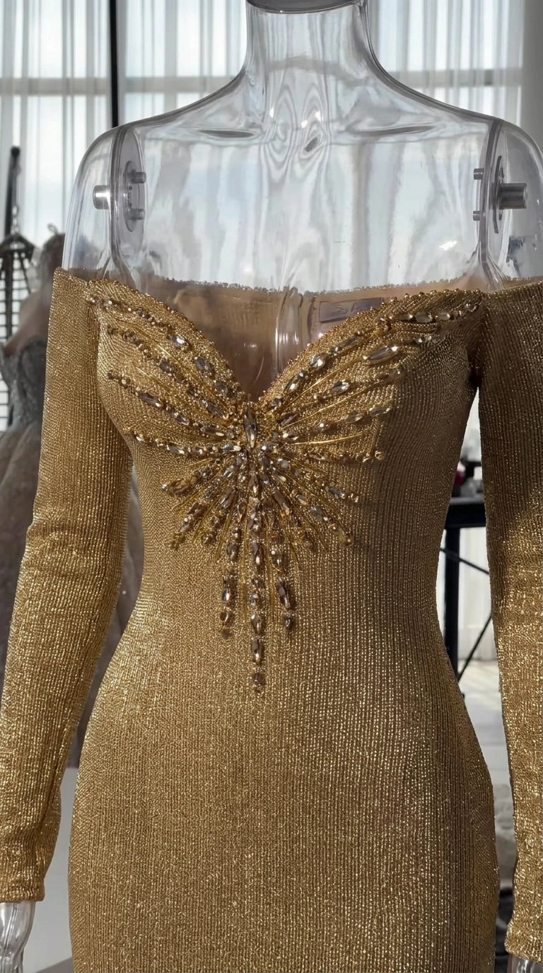 Off-Shoulder Beaded Starburst Evening Gown with Long Sleeves