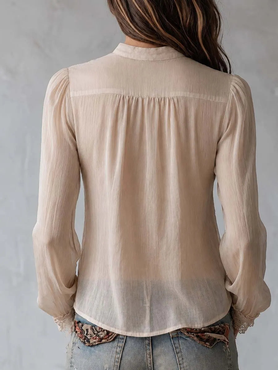 Vintage Peplum Hem Lace-trimmed Chiffon Shirt