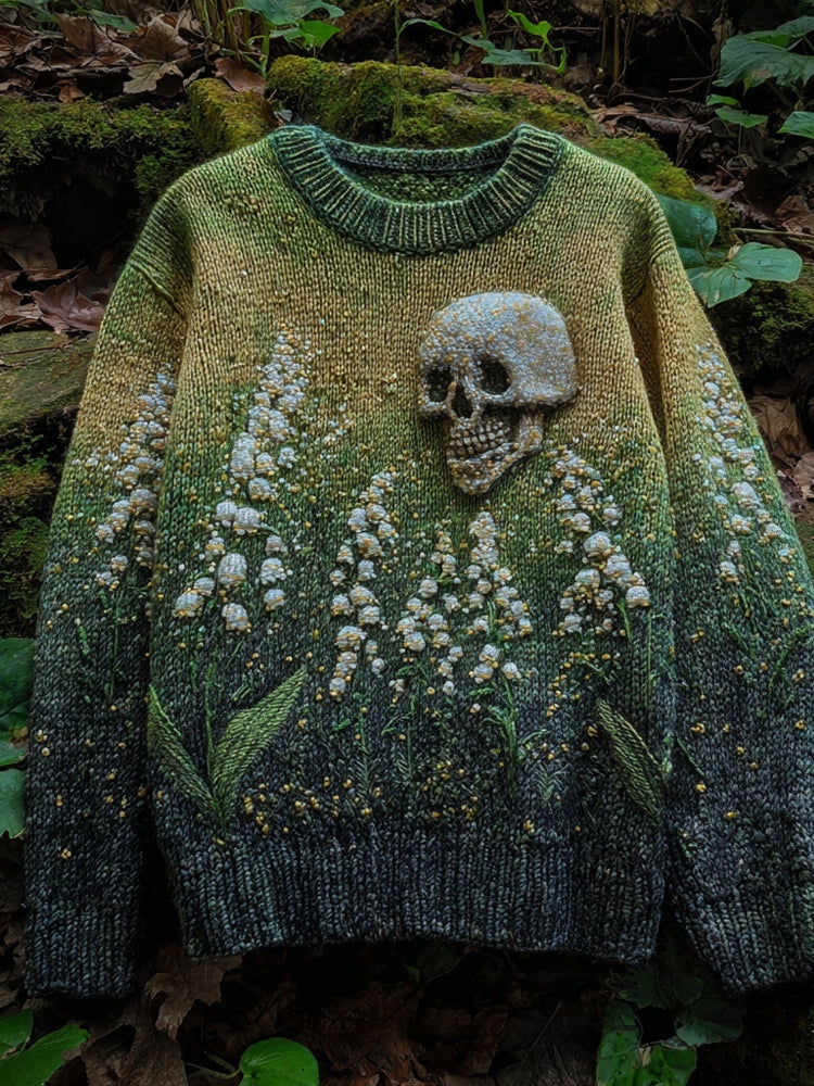 Vintage Lily Of The Valley & Skull Embroidered Comfy Knit Sweater