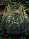 Vintage Lily Of The Valley & Skull Embroidered Comfy Knit Sweater