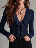 Boho Navy Glitter Ribbed Knit Ruffle V‐Neck Sweater