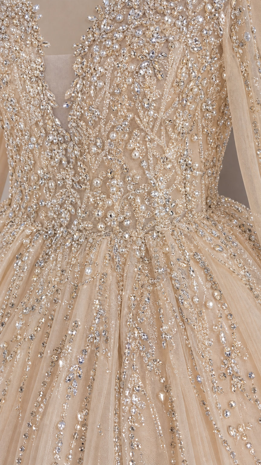 Deep V-Neck Beaded Long Sleeve Tulle Ball Gown Evening Dress