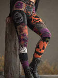 Halloween Pumpkin Emoji Patchwork Women's Knit Leggings