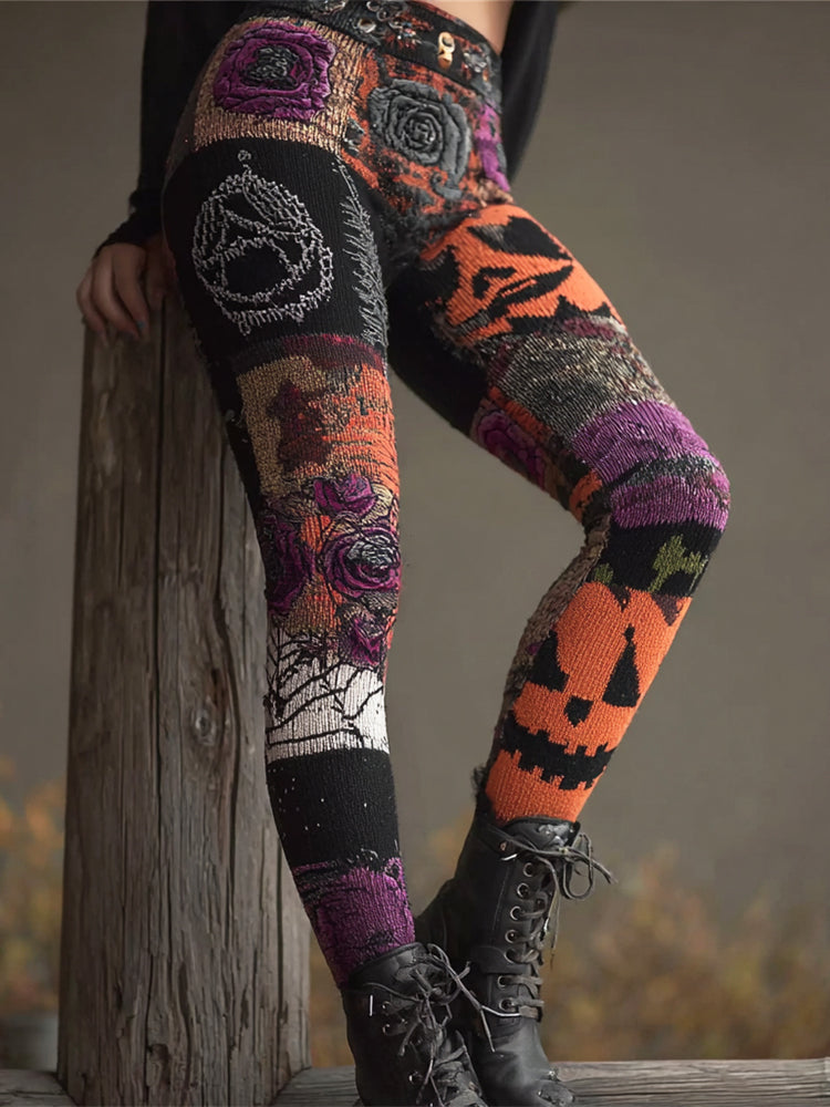 Halloween Pumpkin Emoji Patchwork Women's Knit Leggings