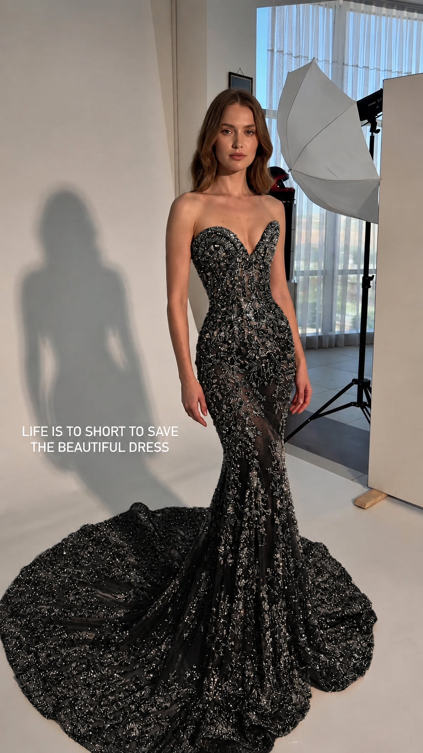 Strapless Beaded Sweetheart Mermaid Evening Gown with Dramatic Train