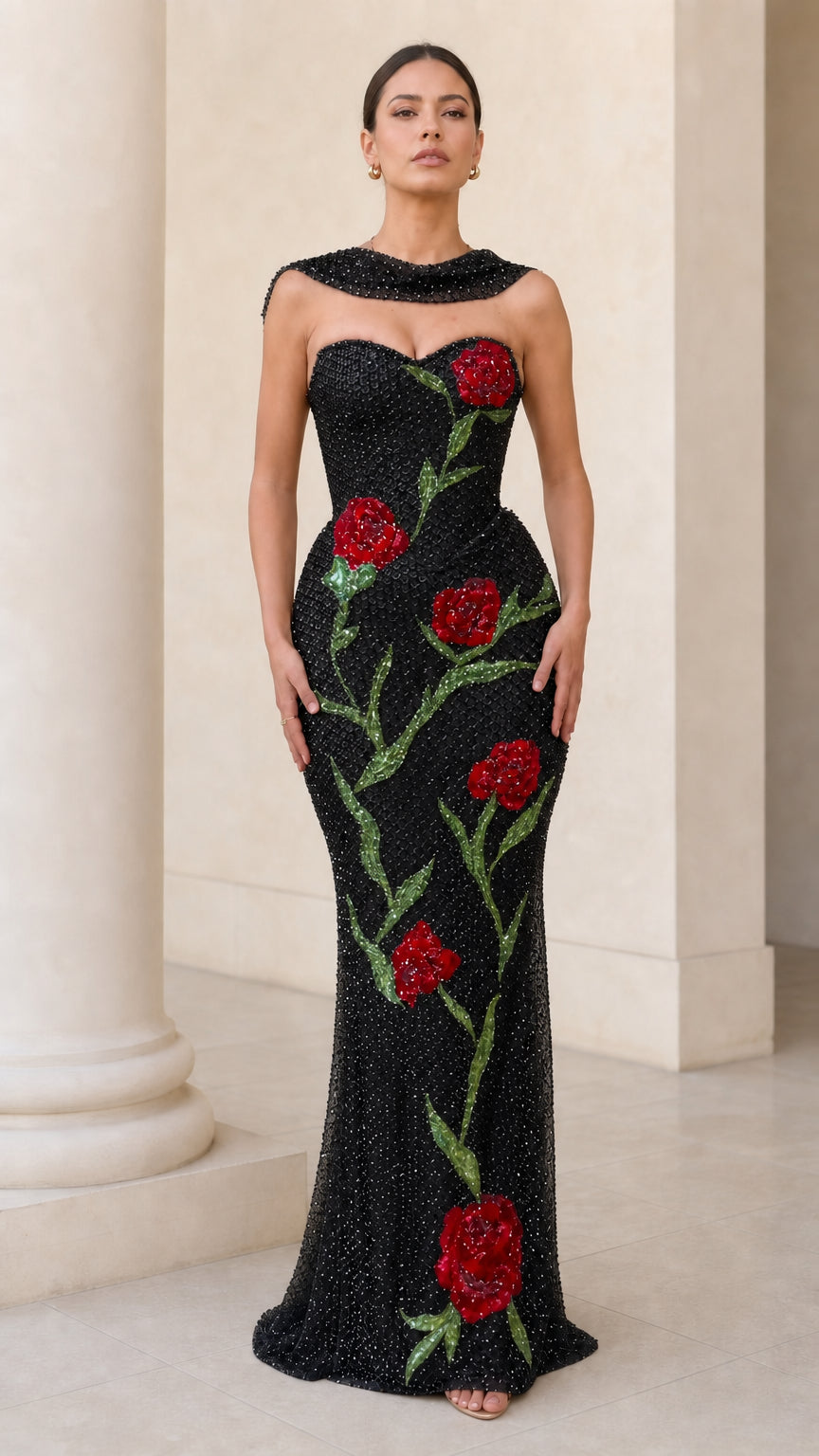 Embellished Floral Sequin Column Evening Gown with Neck Drape