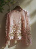 Women's Pink Floral Pink Embroidery Print T-shirt