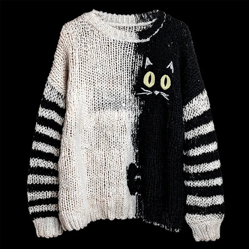Halloween Black Cat Contrast Color Cozy Knitted Sweater