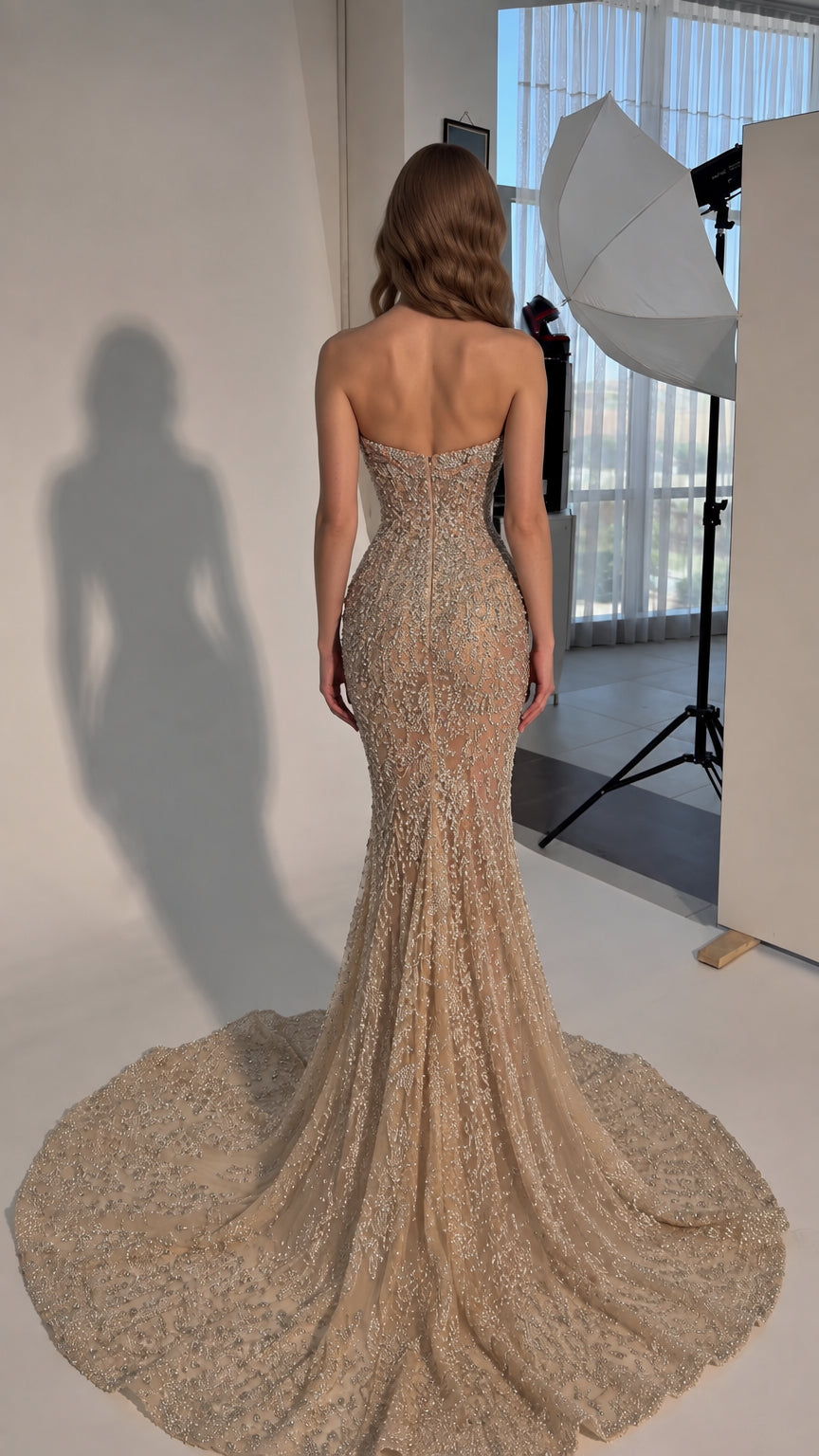 Strapless Beaded Sweetheart Mermaid Evening Gown with Dramatic Train