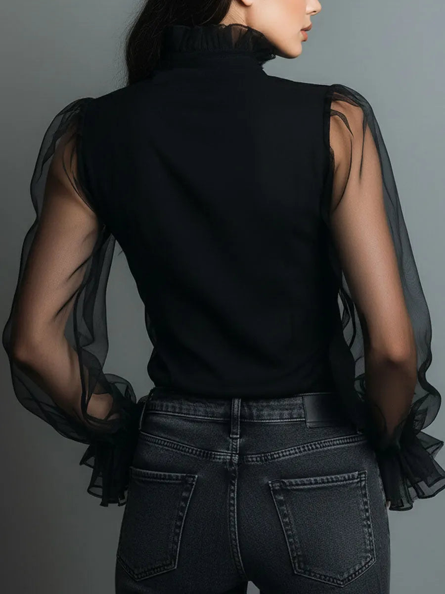 Vintage High Neck Black Sheer Organza Blouse With Ruffle Trim