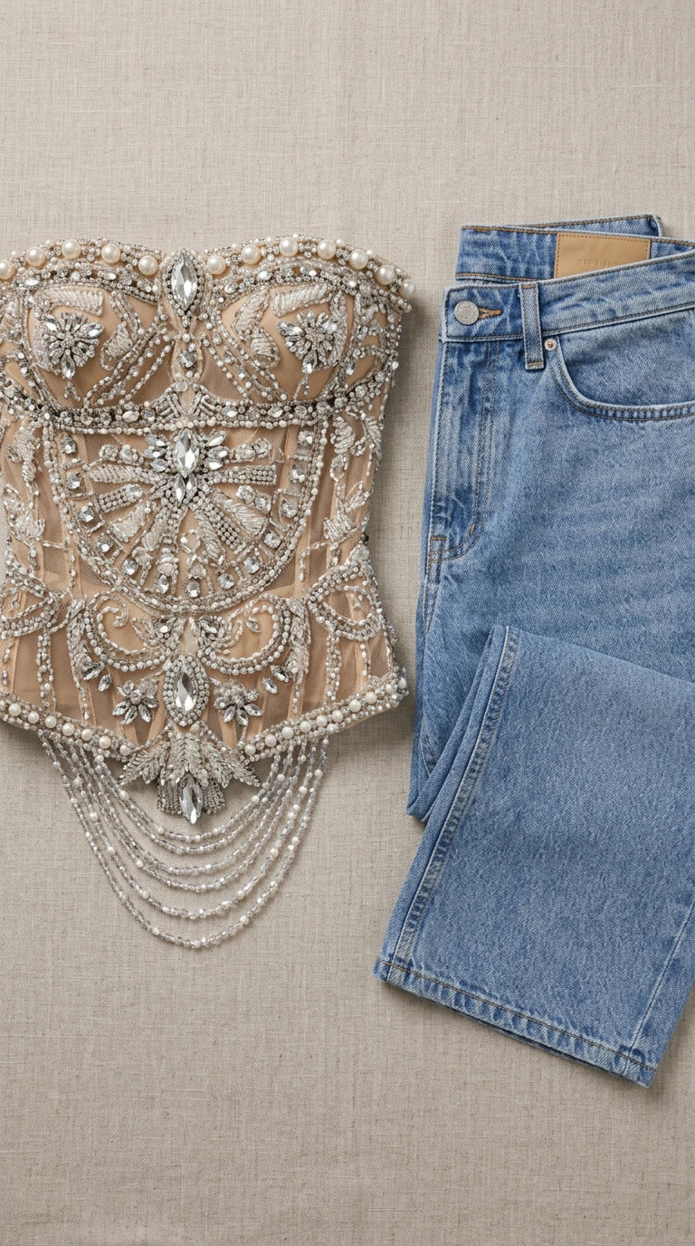Strapless Beaded Pearl Lace-Up Corset Top with Fringe