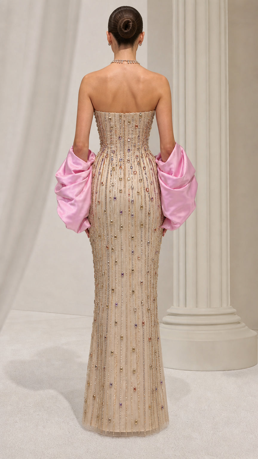 Strapless Beaded Column Evening Gown with Dramatic Puff Sleeves