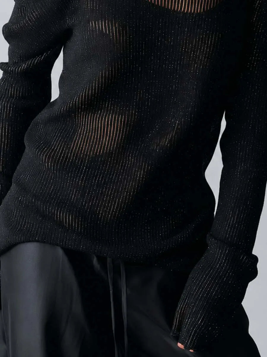 Black Shimmer Sheer Ribbed Knit Asymmetric Off Shoulder Double Thin Strap See Through Knit Blouse