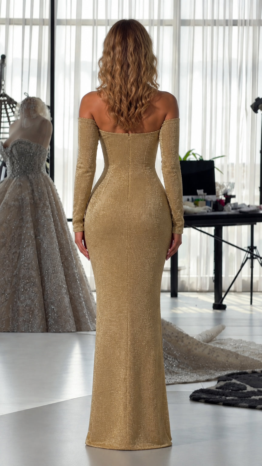 Off-Shoulder Beaded Starburst Evening Gown with Long Sleeves