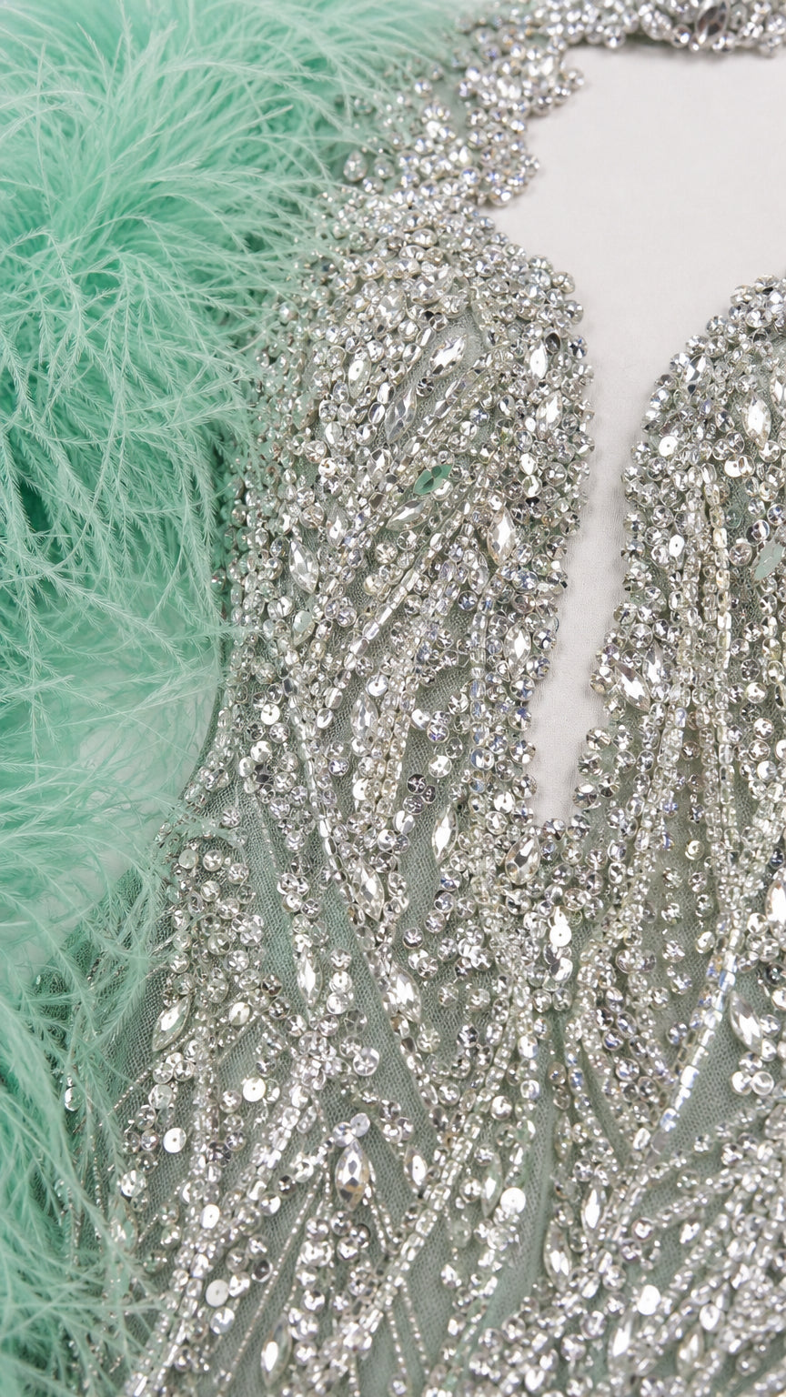 One-Shoulder Feather Trim Sequin Evening Gown with Slit