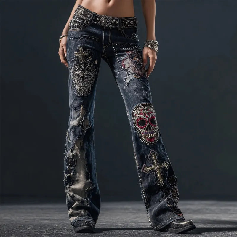 Vintage Rock Style Skulls & Cross Studded Distressed Bootcut Jeans
