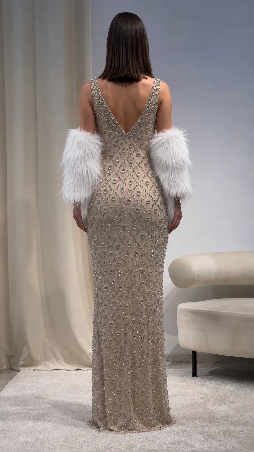 Sleeveless Deep V-Neck Rhinestone Embellished Evening Maxi Gown