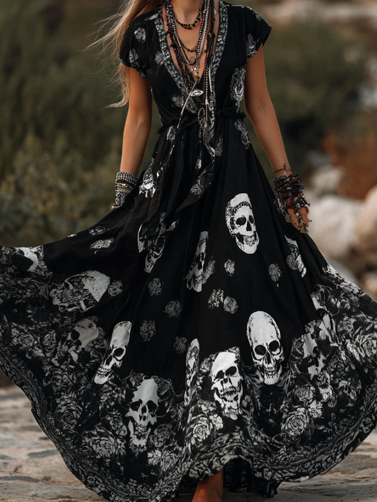 Ladies' Skull And Flower Vintage Print Linen Black Short-sleeved Long Dress