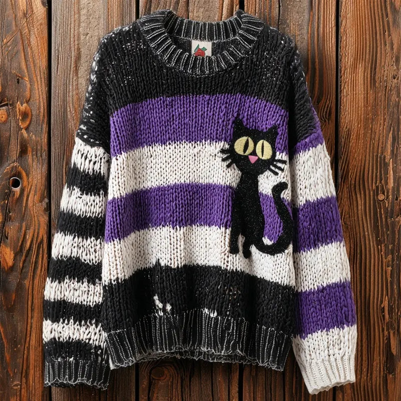 Halloween Black Cat Striped Cozy Knitted Sweater