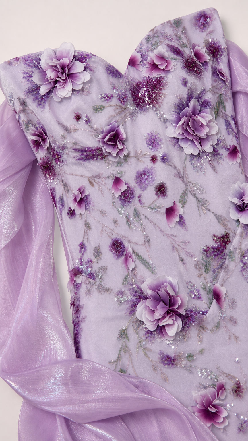 Strapless 3D Floral Embroidered Evening Gown with Sheer Wrap