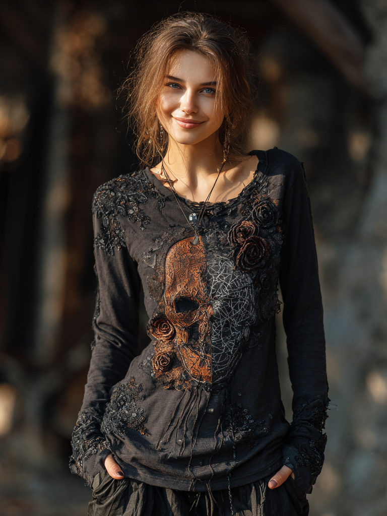 Women's Rose Skull And Spider Web Embroidered Halloween T-shirt