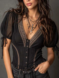 Boho Lace Trim Cotton-linen Button Tie Puff Sleeve Corset Blouse