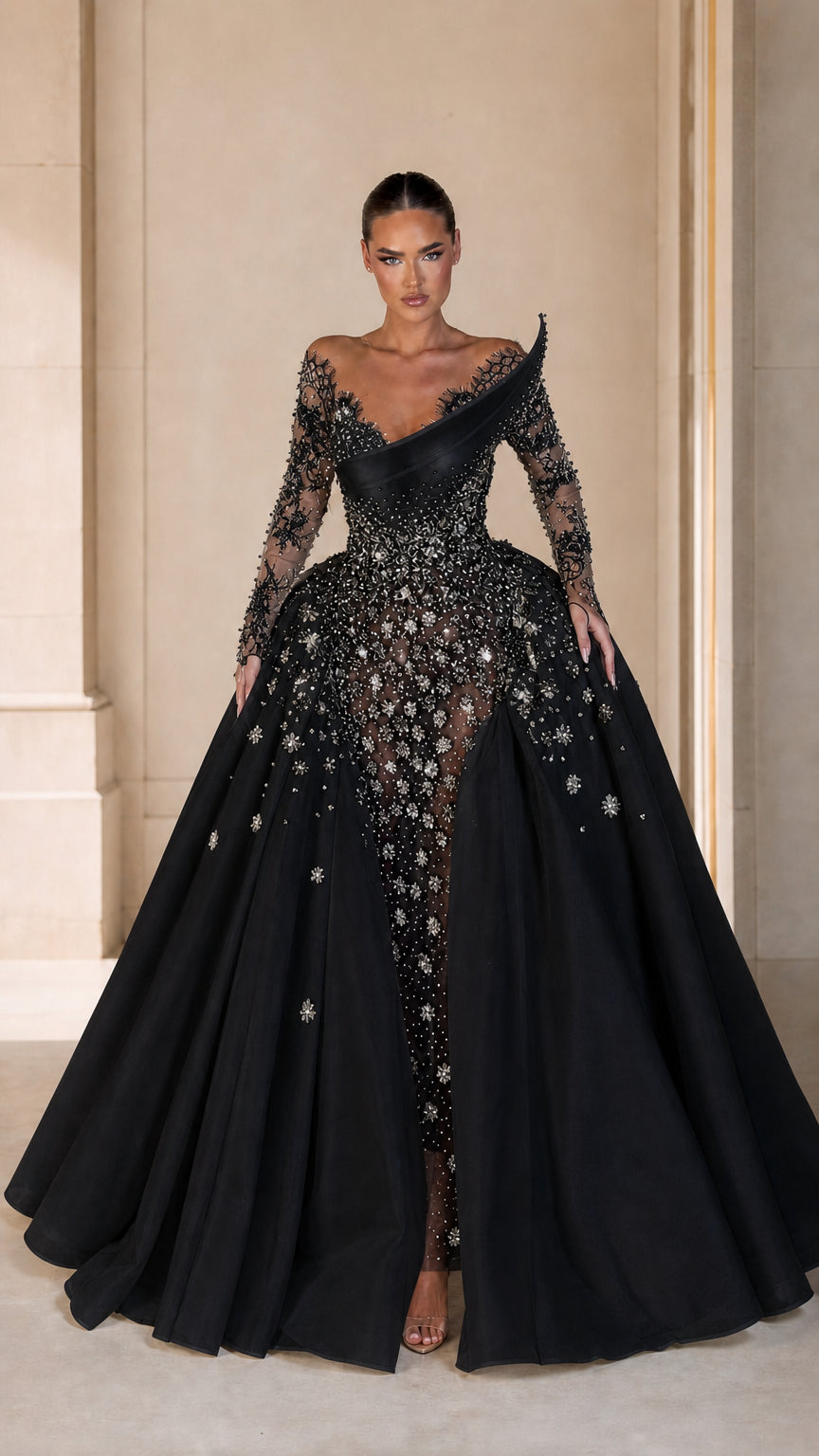 Asymmetrical Embellished Long Sleeve Evening Gown with Detachable Overskirt