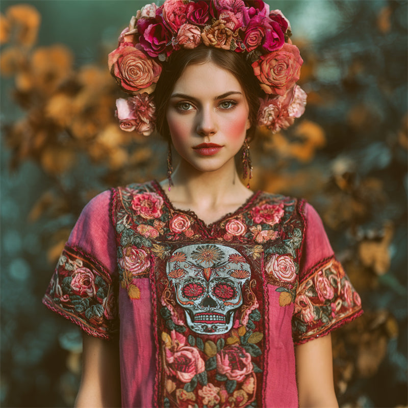 Day Of The Dead Sugar Skull Roses Floral Embroidered Contrast Linen Shirt